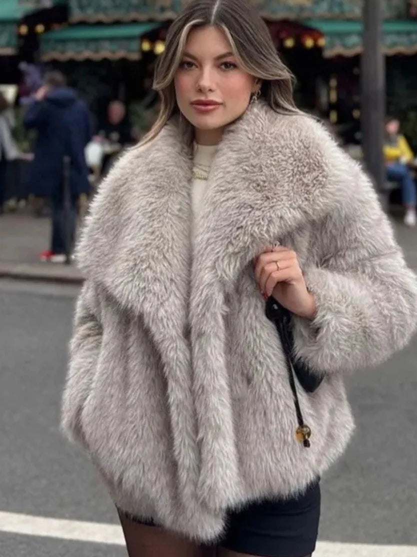 Winter Plush Coat Fashion Warm Thicken Fluffy Lapel Jacket Outwear Casual Long Sleeve Tops Womens Clothing